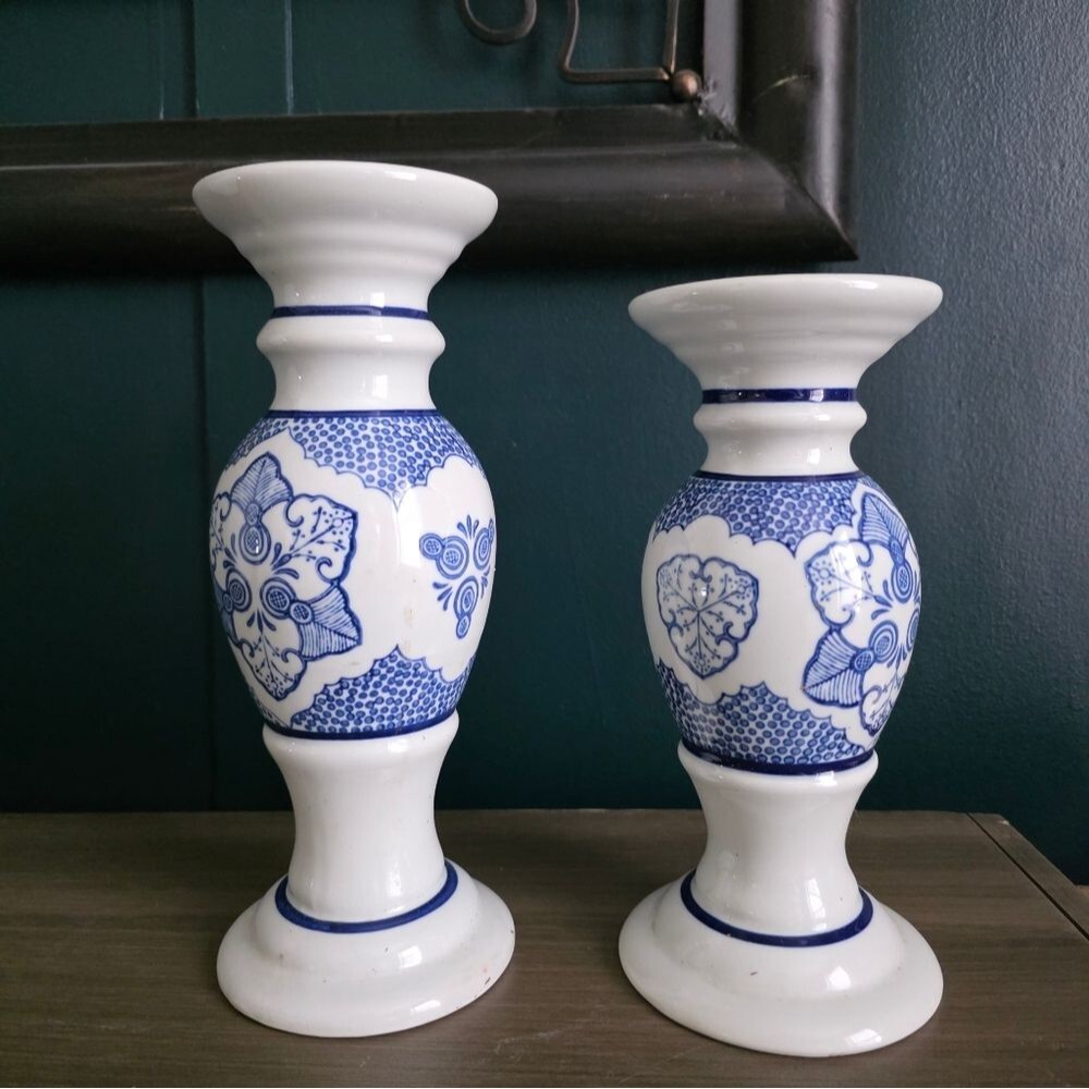 Blue and White Porcelain Pillar Candle Holders Set Of 2 11' and 9.5'